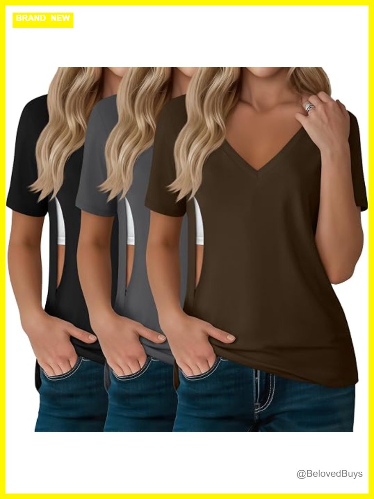 3 Pack Nursing Tops V Neck Short Sleeve With Hidden Zipper Breastfeeding Shirts